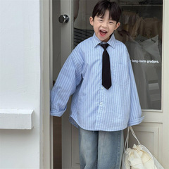 2025 Spring New Korean Style Medium and Small Children Cool and Stylish Band Collar Men's Loose Striped Long Sleeve Shirt Trend