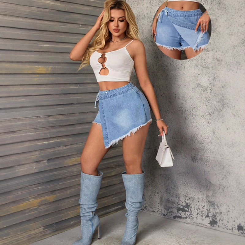 X Spot - 65953 # Cross-Border Amazon European and American Fashion New Women's Trendy Hip-Hugging Irregular Denim Shorts