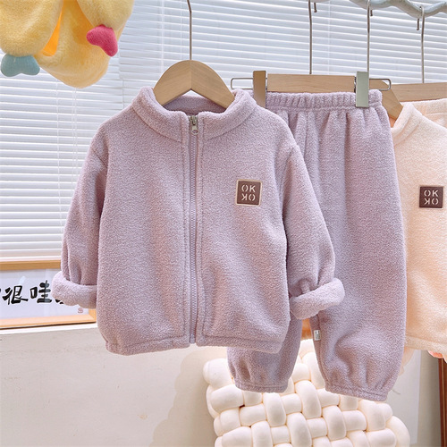 Children's Homewear Spring and Autumn Warm Set for Boys and Girls, Two-Piece Pajama Set with Baby Creme Fabric Top and Bottom