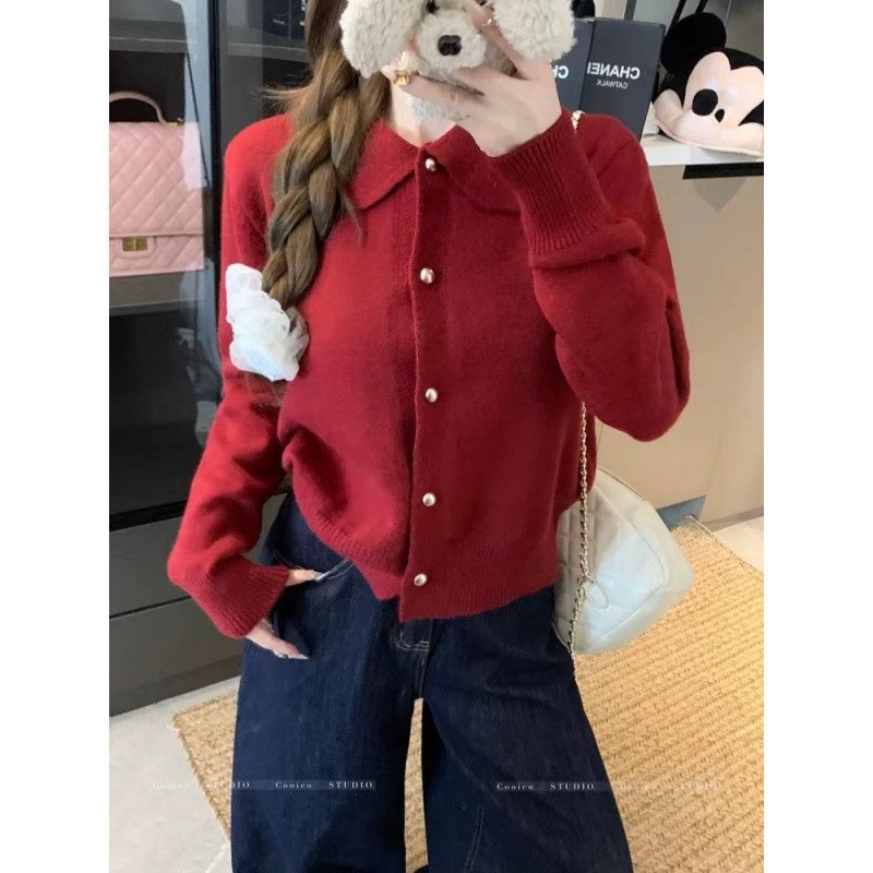 韩国货复古极简慵懒乖乖领小园扣开衫2025秋新款领显瘦上衣针织衫