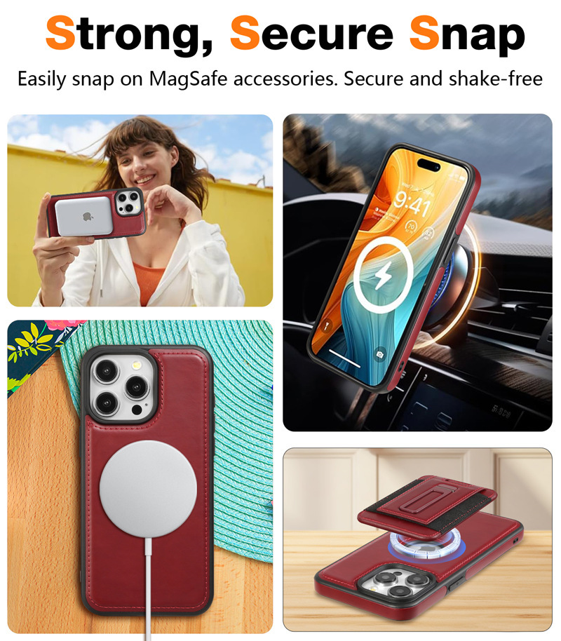 Ốp lưng iPhone 16 Pro Max chống sốc, bao da doanh nhân hút từ, có giá đỡ, đựng thẻ — Màu đỏ, Màu đen, Bao da giá đỡ nhãn rò rỉ màu xanh lam, Màu nâu chi tiết 9