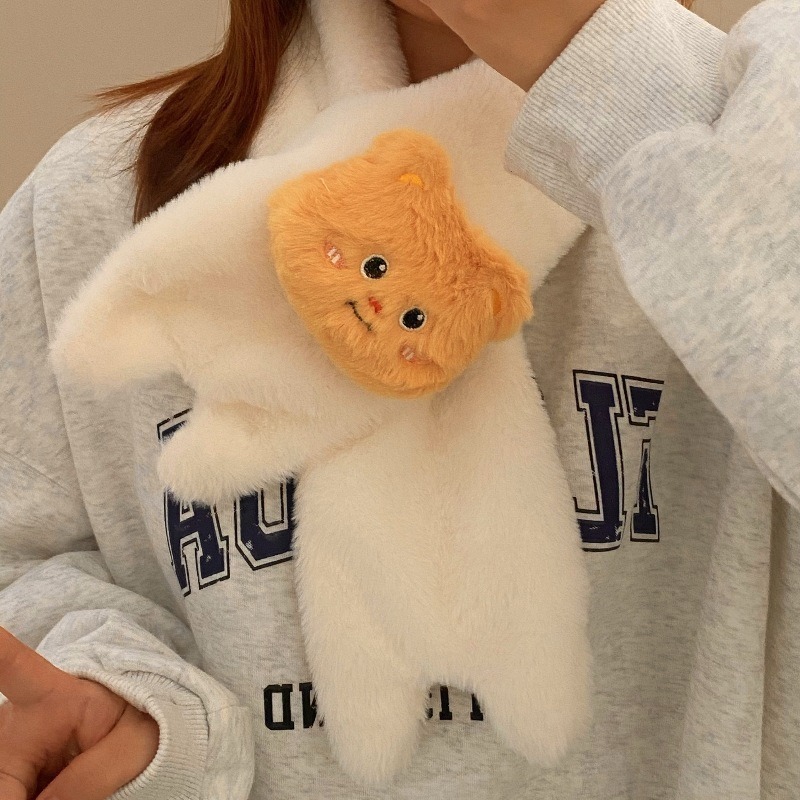 卡通甜美少女粉色猫咪围巾冬季保暖加厚可爱毛绒防风学生围脖白色|undefined
