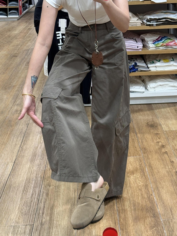 秋装军绿色阔腿弯刀工装裤女款2025新款大码胖mm显瘦设计感休闲裤|undefined