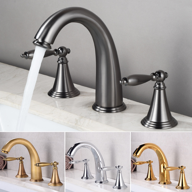 Gun gray hot and cold basin faucet all copper bathroom double three-hole bathroom under-counter basin washbasin split Gun gray hot and cold basin faucet all copper bathroom double three-hole bathroom under-counter basin washbasin split