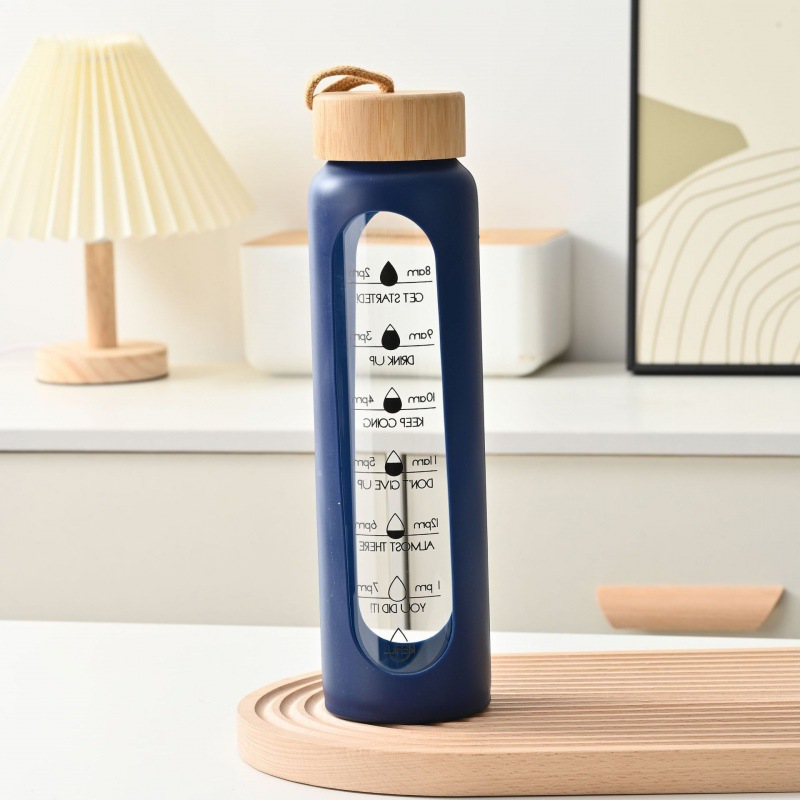Taza de vidrio con tapa de bambú de gran capacidad transfronteriza, cuerda de elevación, cubierta de silicona portátil, taza de agua graduada, botella de agua deportiva de vidrio de alto valor