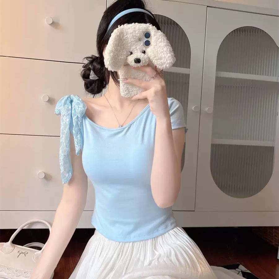 5019 ¿ nueva camiseta de manga corta de hombro inclinado empalmada con encaje de espalda expuesta en verano con almohadilla para mujeres delgadas image 3