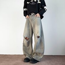 国潮破洞宽松直筒阔腿休闲长裤春夏季美式街头潮牌牛仔裤男女