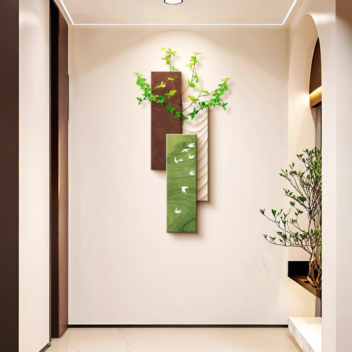 Entrance Wall Green Plant Wall Decoration, High-End Combination of Multi-Color Pendants, Large White Wall Landscaping Decorations, Pendants