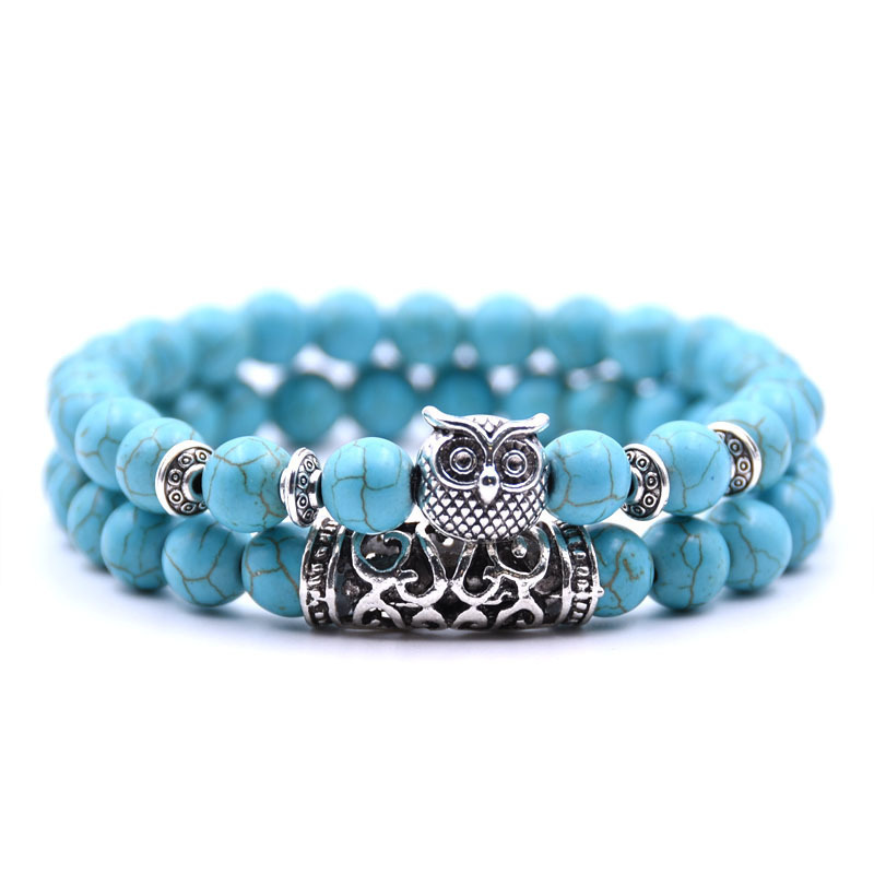 Natural Turquoise Bracelet Couple Alloy Accessories Bracelet Double Row Two-Circle Owl Beaded Bracelet