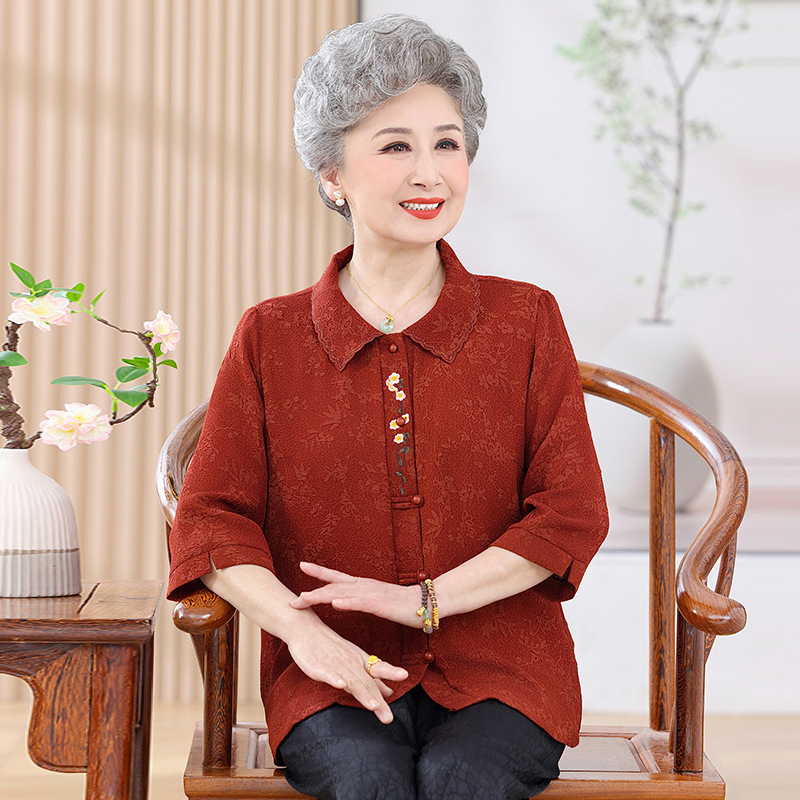 Middle-Aged and Elderly Women's Clothing, Embroidered Collared Shirts, Stylish Mother's Wear, Wedding Banquet Dresses, Summer Clothing for the Elderly, Loose-Fitting Grandma Shirts