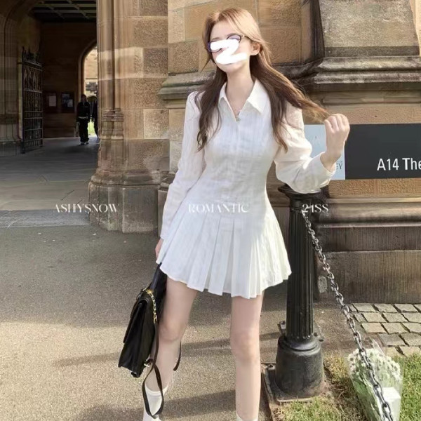 College Style White Long-Sleeved Shirt Dress for Women with Waist and Elegant Design Collar Pleated Short Skirt for Autumn