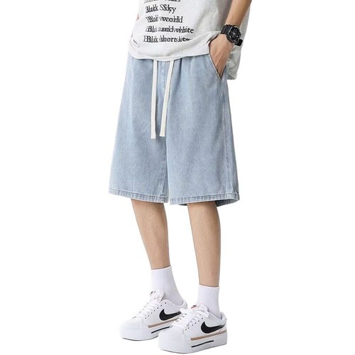 Men's Summer Thin Blue Denim Shorts, Straight Leg, Washed, Trendy Brand, Instagram Style, Loose Five-Pocket Pants