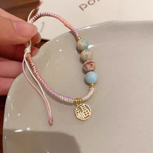 New Chinese-style imitation Shoushan stone bead bracelet for girls, vintage bamboo knot bracelet for female friends, colorful handmade woven jewelry