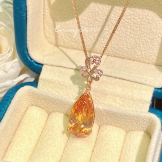 新款欧美橙粉摩根石吊坠仿真低奢粉钻石项链女玫瑰金粉水晶锁骨链