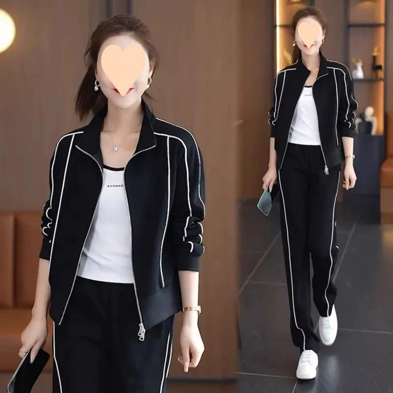 Повседневный спортивный костюм Женская весна осень 2025 новый модный иностранный свитер тонкая и уменьшая возраст широкие брюки из двух частей