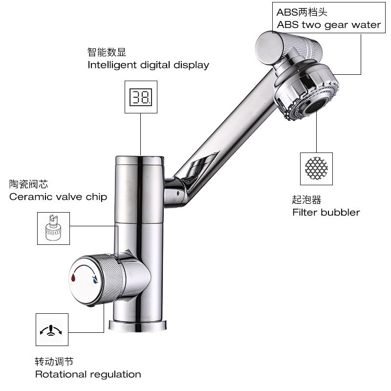 Gun ash digital rotating fortune cat mechanical arm cold and hot mixed bathroom display temperature 4-function water faucet