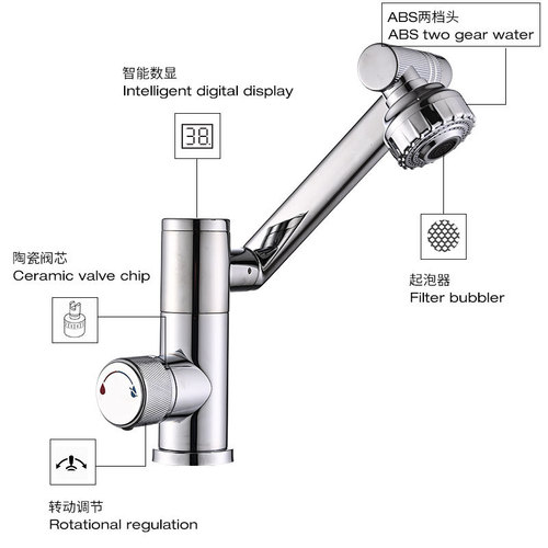 Gun ash digital rotating fortune cat mechanical arm cold and hot mixed bathroom display temperature 4-function water faucet