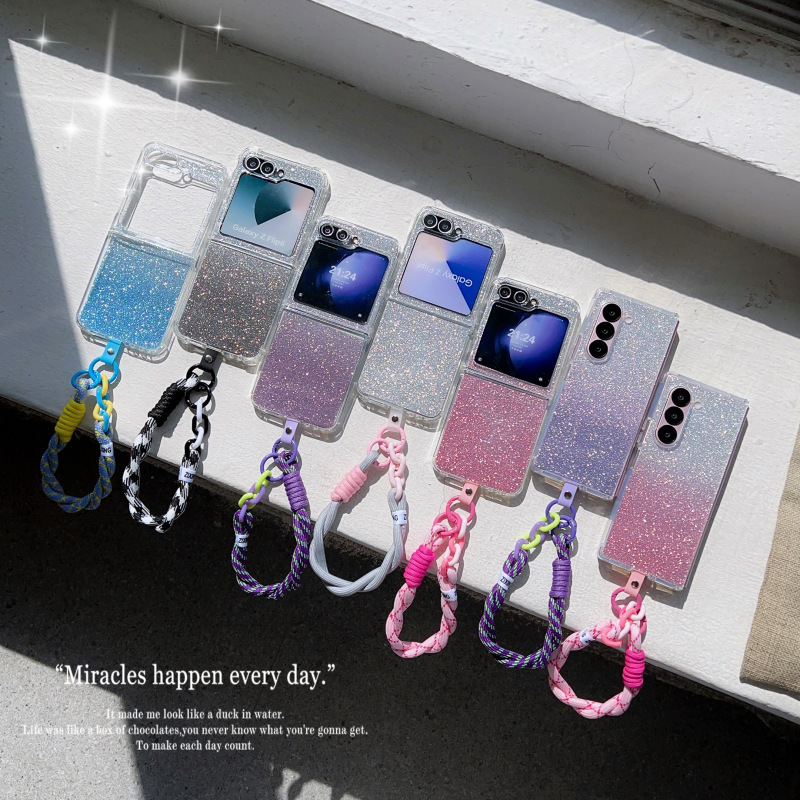 Suitable for Samsung Z Flip6 Mobile Phone Case Z Flip5 Mobile Phone Protective Cover Huawei Glitter Lanyard Moto Foldableing
