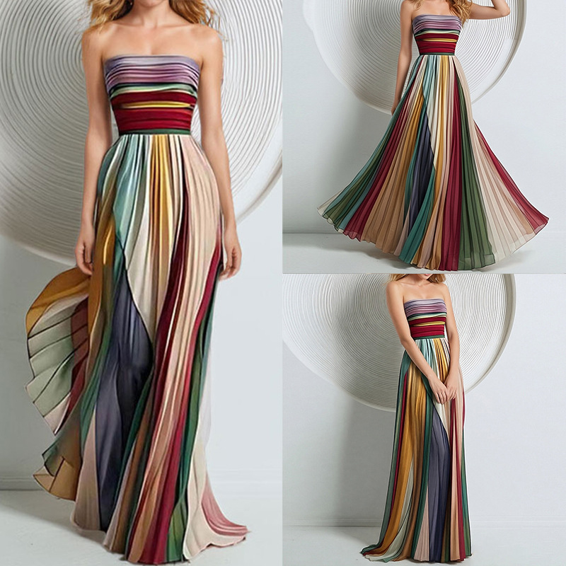 2026 Spring New Collection Cross-Border European and American Women's Fashion Elegant and Sexy Strapless Printed Colorful Dress