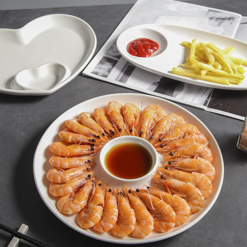 水饺子盘带醋碟吃饺子专用盘创意家用子母菜盘装虾盘心形精致简约
