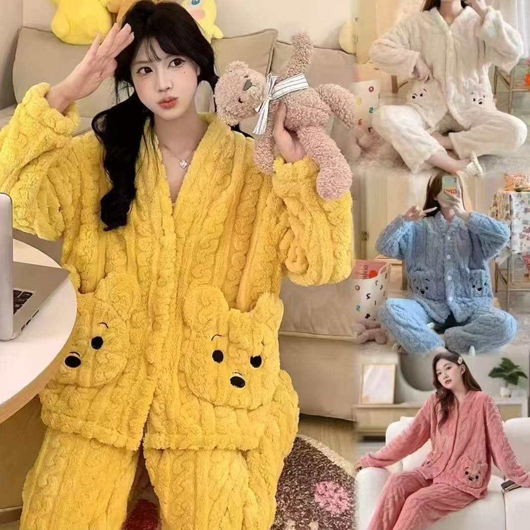冬季睡衣女加绒加厚珊瑚绒套装秋冬款可爱卡通口袋熊家居服