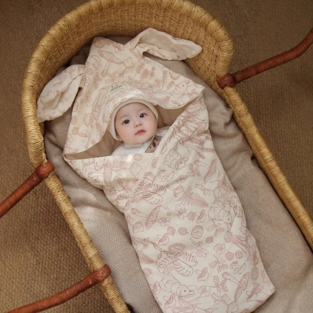 Newborn Double-Layer Gauze Blanket, Beanie Velvet, Cute Long-Eared Blanket, Newborn Baby Delivery Room Swaddling Wrap