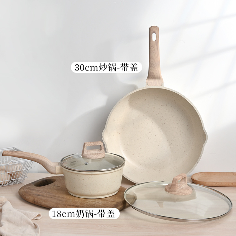 Juego de utensilios de cocina transfronterizo, juego doméstico de cuatro piezas, juego de utensilios de cocina de piedra de mármol, alto valor estético, integrado para cocinar al vapor y saltear, sartén antiadherente al por mayor