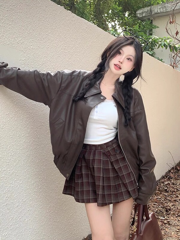 高级美式复古皮衣外套女2025秋季新款宽松显瘦气质夹克机车服上衣|undefined