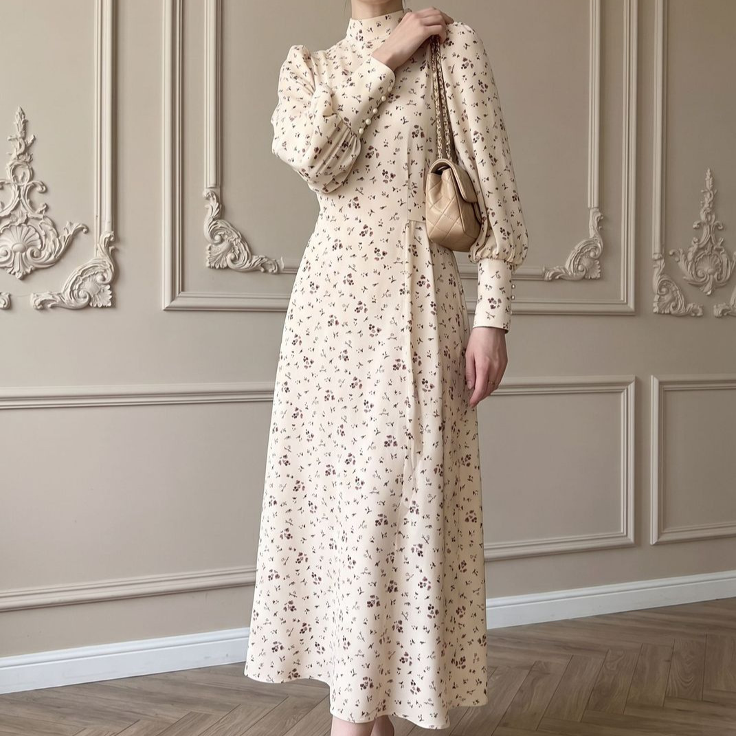 Elegant Satin Maxi Dress With Floral Print - Long Sleeve Tie-Waist Boho Chic Dress For Women_ecoleips.com