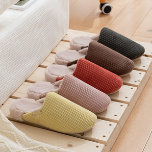 New Winter Couple Cotton Slippers for Men and Women for Home Use Pure Color Corduroy Plush Warm Thick Sole Non-Slip Simple Mute