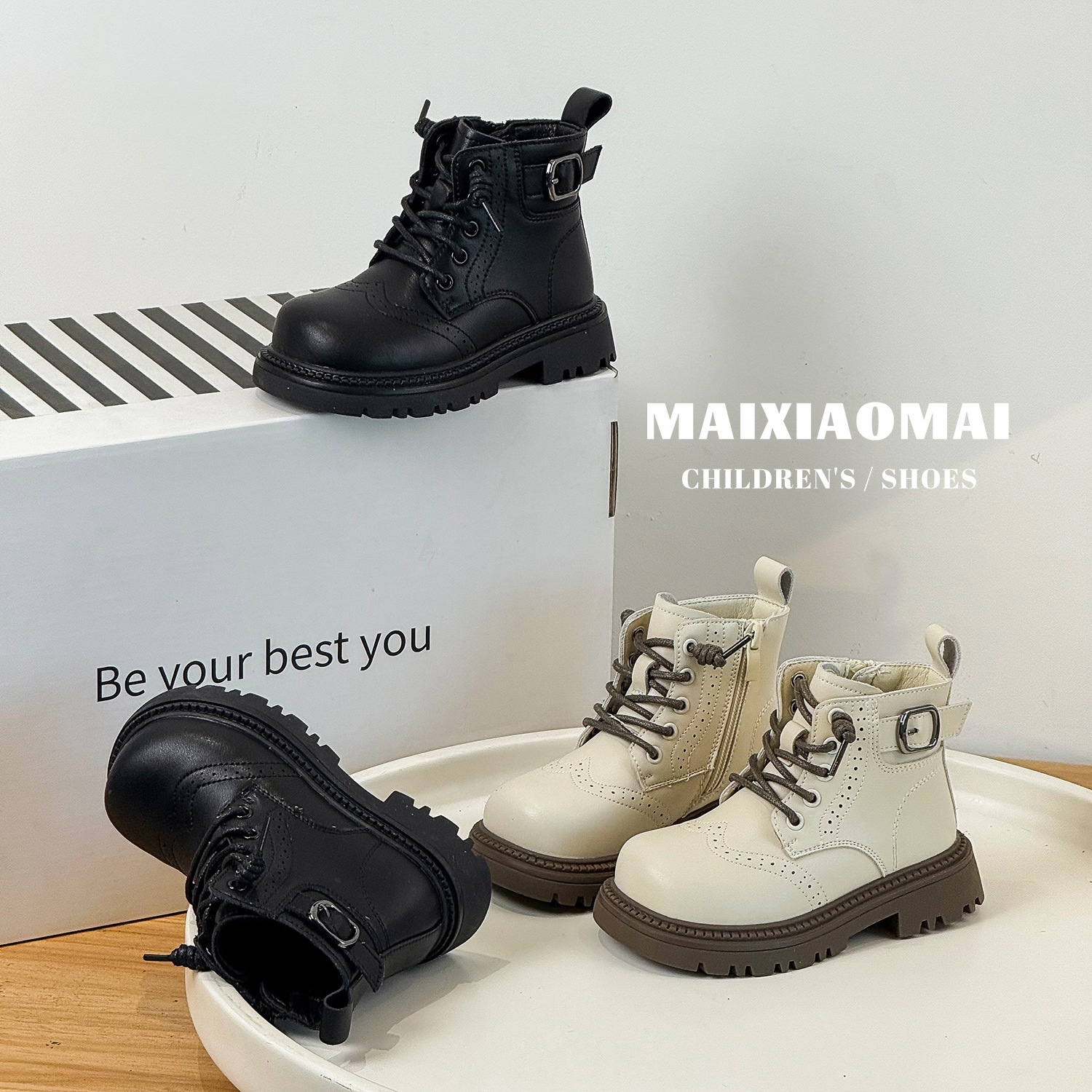 Maixiaomai 2025 Winter New Kidsren's Short Boots Literary Retro Leather Buckle Boots Mid-Calf Anti-Slip Boots