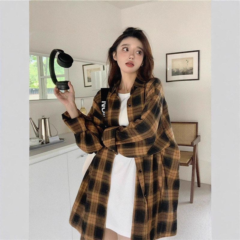American Retro Brushed Plaid Long-Sleeve Shirt for Women, Spring and Autumn 2025 New Style, Lazy Style Loose Shirt Jacket Top American Retro Brushed Plaid Long-Sleeve Shirt for Women, Spring and Autumn 2025 New Style, Lazy Style Loose Shirt Jacket Top