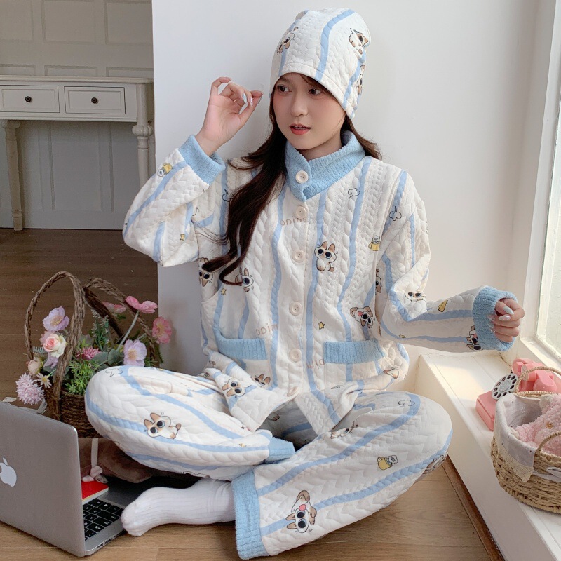 Maternity wear with chest pads made of air cotton for autumn and winter, thickened for postpartum nursing and breastfeeding, maternity confinement set