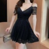 Sexy low cut large swing V-neck off shoulder strap dress
