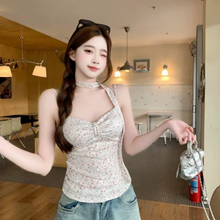 法式纯欲碎花辣妹吊带挂脖两穿女夏季内搭显身材V领外穿修身背心t