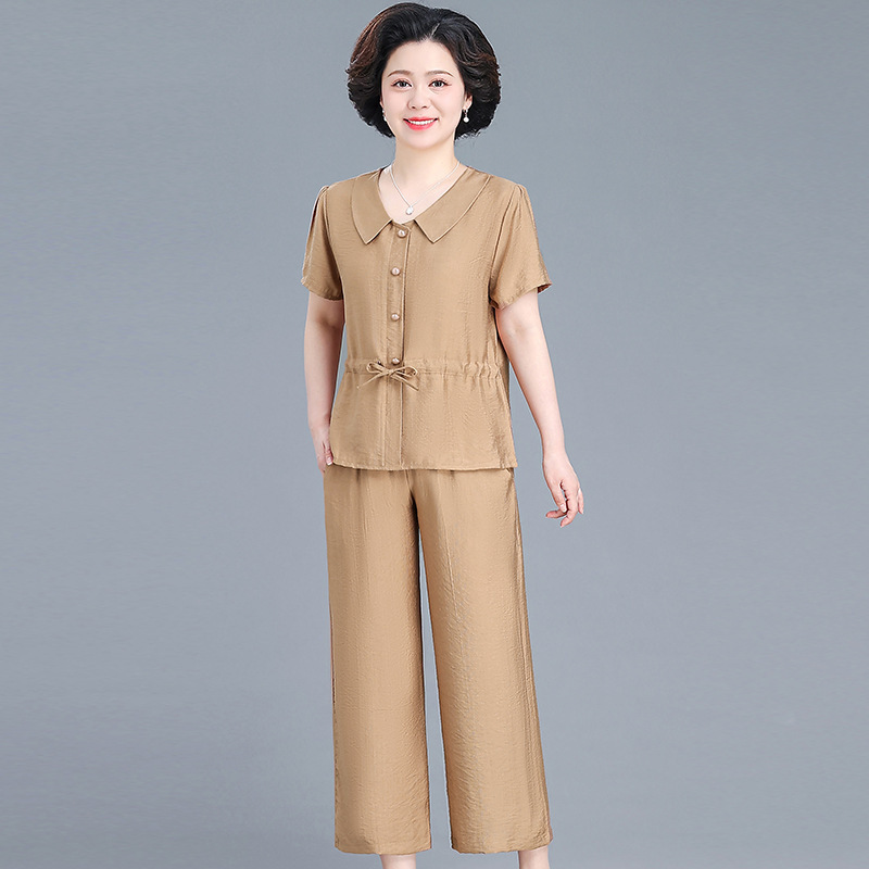 ファッショナブルな太ったママの夏のファッショナブルなツーピースパンツスーツ中高年女性の夏の半袖シャツワイドレッグパンツ上下セット|undefined