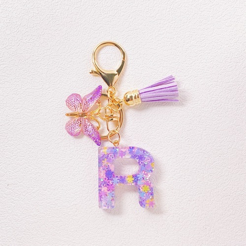 Fashion Purple Letter Keychain with Heart Glitter Butterfly Tassel Crystal Droplet Resin Pendant Accessory for Women