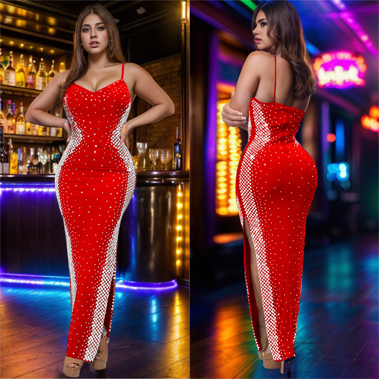 C7089 AliExpress transfronterizo Amazon estación independiente de moda europea y americana ropa de mujer caliente diamante V-collar vestido vestido largo nuevo image 5