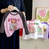 100% хлопчатобумажная девушка с длинными рукавами футболка с плечом плеча мультфильм милый ребенок повседневный весна и осень 2024 новый круглый воротник
