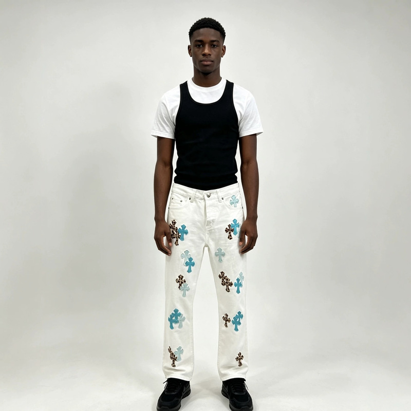 Cross-border authentic Chrome Hearts CH metal patch cross wash unisex loose straight jeans in stock Cross-border authentic Chrome Hearts CH metal patch cross wash unisex loose straight jeans in stock