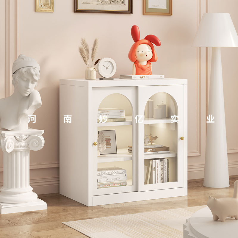 Wrought Iron Sliding Door Sideboard Simple Living Room Storage Cabinet Home Bookcase Bookshelf French Style Sliding Door Tea Storage Cabinet