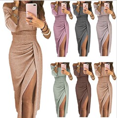 Ebayさんはお尻を包んでパンツの一字の襟のワンピースがきらきらしています。