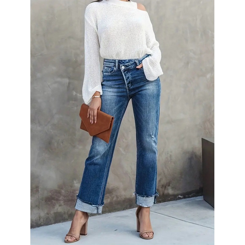 Jeans Rectos para Mujer de Mezclilla de Algodón de Tiro Alto