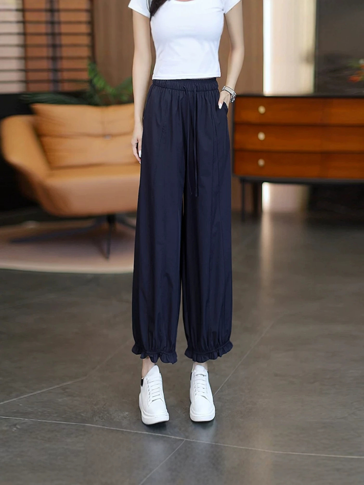 Ice Silk Lantern Pants for Women, Summer Style, Thin, with Ruffled Edges, Casual, Breathable, Versatile, Cropped Pants