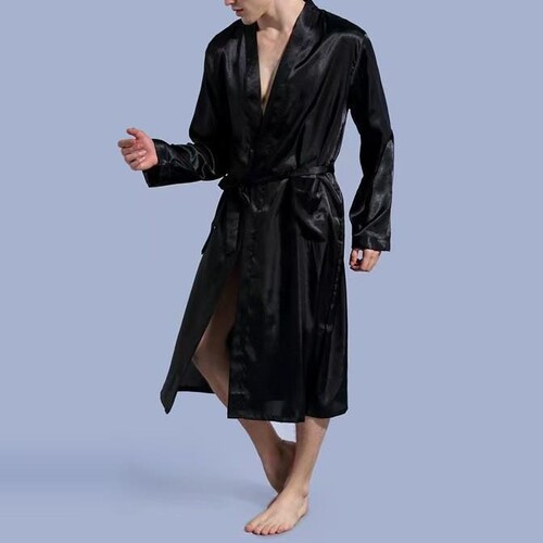 Exclusive Men's Solid Color Long Robe, Thin Open Front Sleep Robe, Loose Plus Size Long Sleeve Autumn Light Color Satin Bath Robe