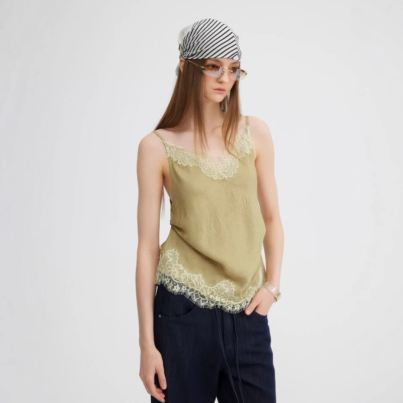 Subo Acetic Acid French-Style Lace-Trimmed V-Neck Lace Camisole