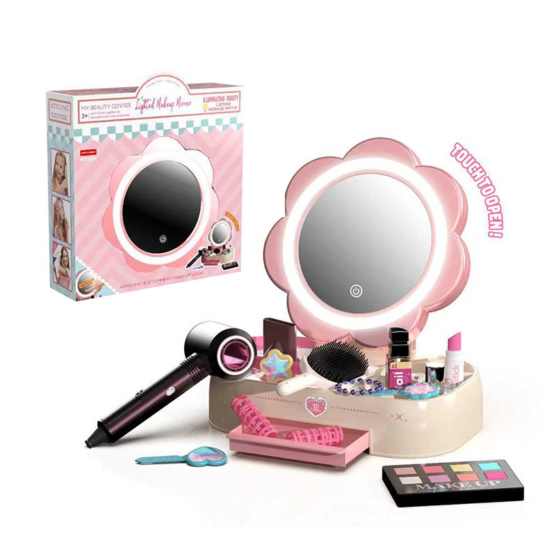 Comercio exterior para niños en el hogar juego de tocador para niñas simulación de espejo de maquillaje de inducción acústica y óptica secador de pelo juguetes