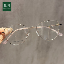 039高挑方形小猫眼框金属近视眼镜男女批发修颜气质咖金色平光镜
