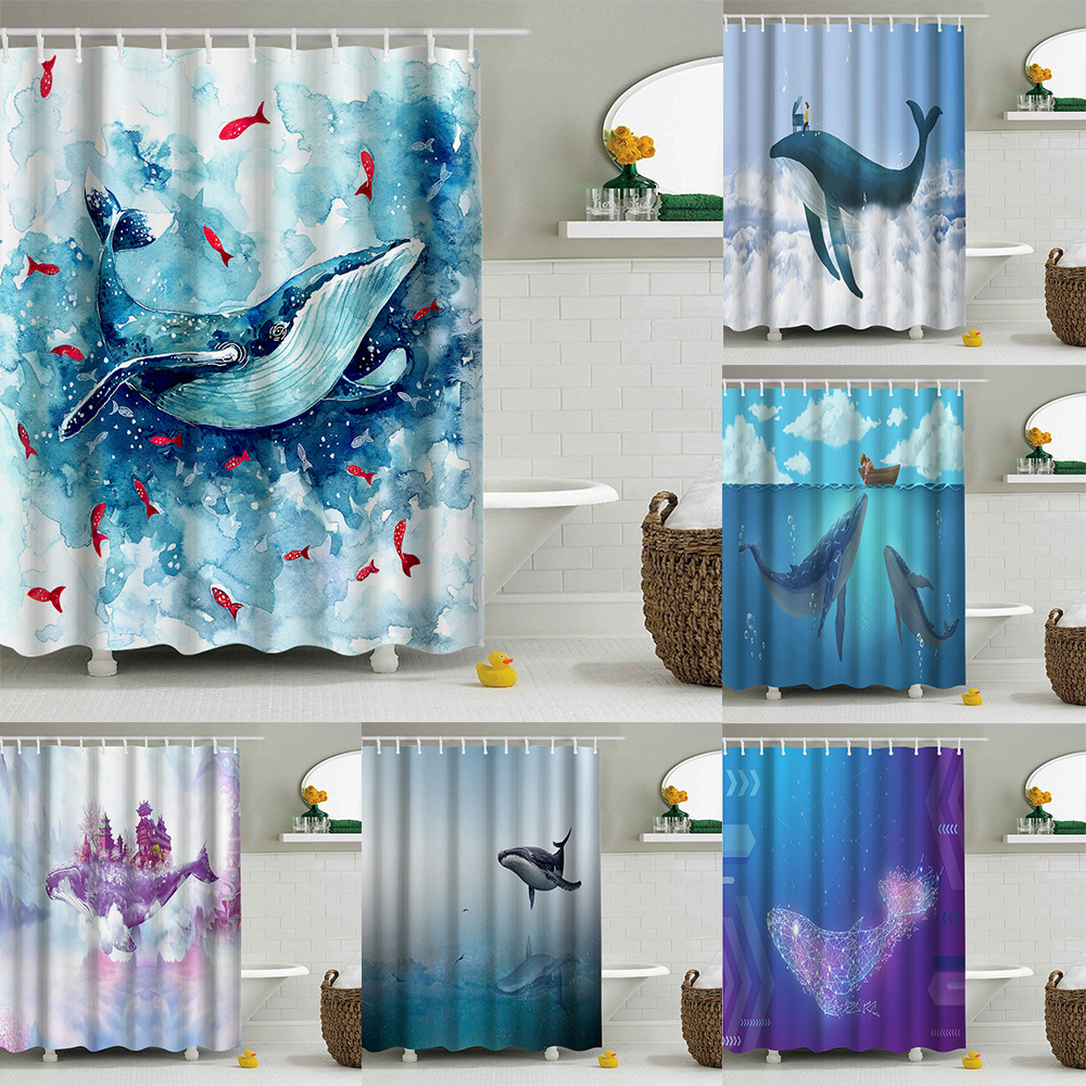 Cross-border direct supply submarine whale series digital printing bathroom partition curtain bathroom punch-free decorative curtain bath
