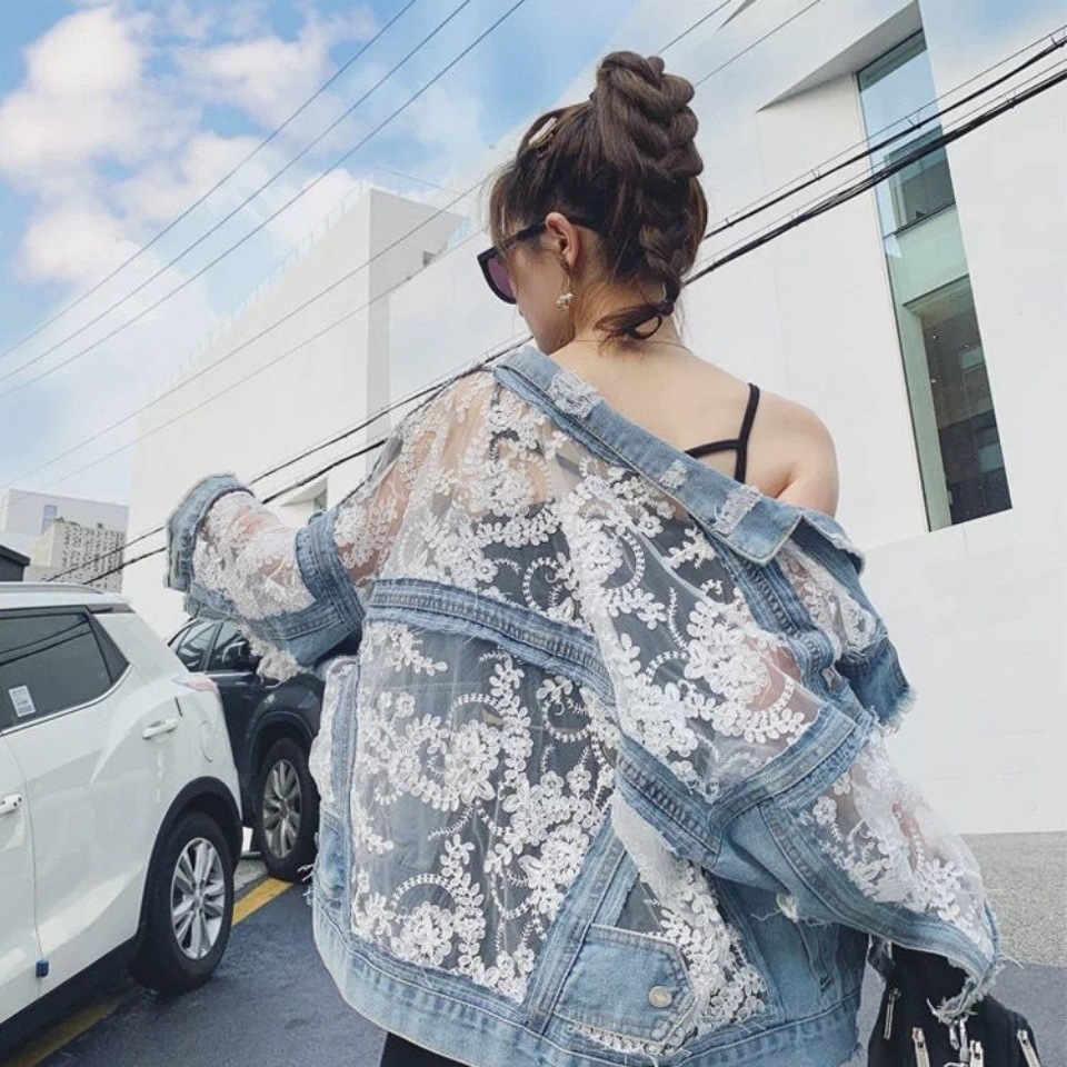Women's Short Lace Ripped Denim Jacket Autumn New Style Mesh Embroidery Sun Protection Outerwear_ecoleips.com